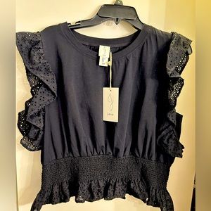 Joie black eyelit cotton top, large